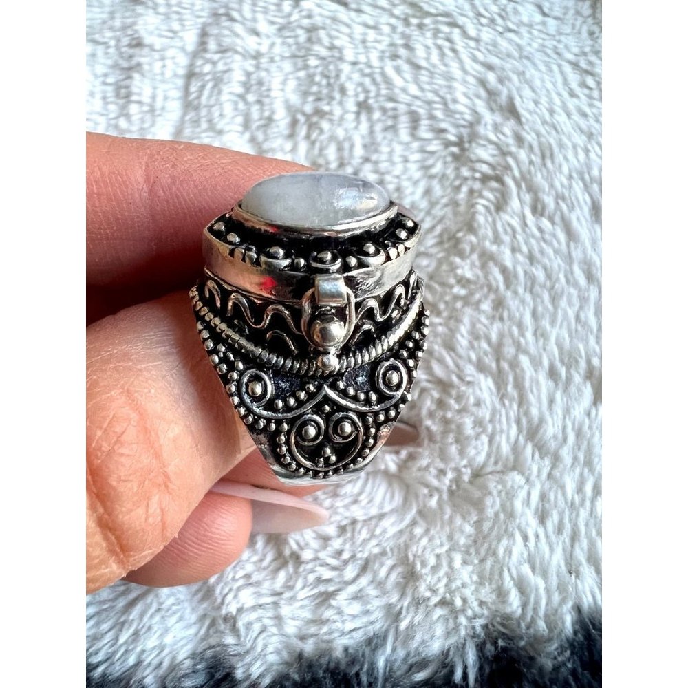 925 Rainbow FLASH Moonstone Poison Ring 9.5, - Picture 9 of 13